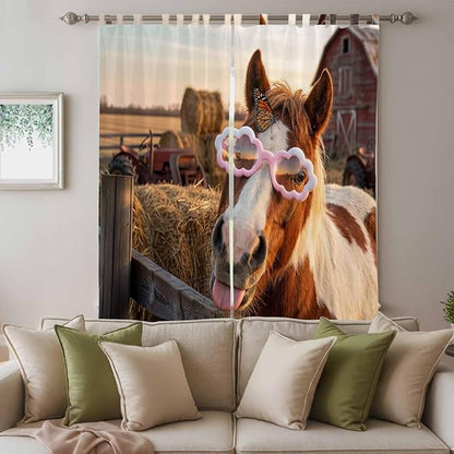 Farm Horses Living Room Curtains 96 Inch Length, Window Curtains Tab Top, Farmhouse Barn Funny Animals Butterfly Light Filtering Window Treatments Drapes 52"x96" 2 Panel
