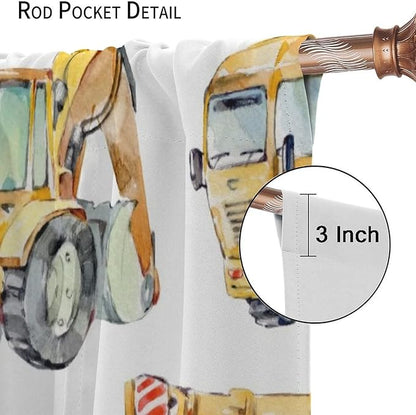 Kids Excavator Curtains, Retro Truck Tractor Machinery Construction Vehicle Crane Digger Mixer Rod Pocket Decorative Windows Curtain for Teens Girls Boys Room 42x63in (30% Blackout)