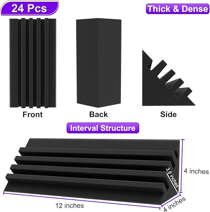 TroyStudio Bass Traps - 24 Pcs 4 X 4 X 12 Inches Dense Thick Studio Bass Foam Corner, Acoustic Treatment Panel Absorbing Echo Reverb, Low Frequency Sound Absorber for Music Room Home Recording