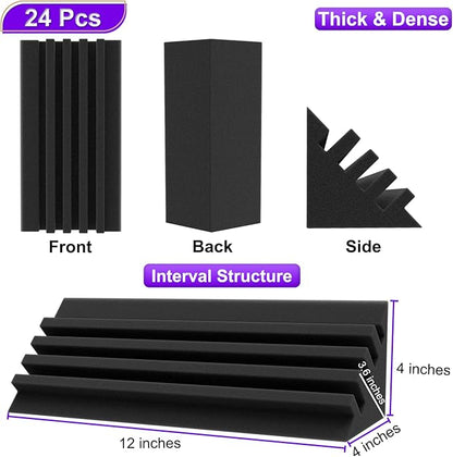 TroyStudio Bass Traps - 24 Pcs 4 X 4 X 12 Inches Dense Thick Studio Bass Foam Corner, Acoustic Treatment Panel Absorbing Echo Reverb, Low Frequency Sound Absorber for Music Room Home Recording
