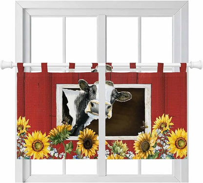 Cows Sunflowers Kitchen Curtains 36 Inch Length, Small Window Curtains Tab Top, Spring Botanical Floral Bees Red Barn Light Filtering Short Window Treatments Tier Drapes 27.5"x36" 2 Panel