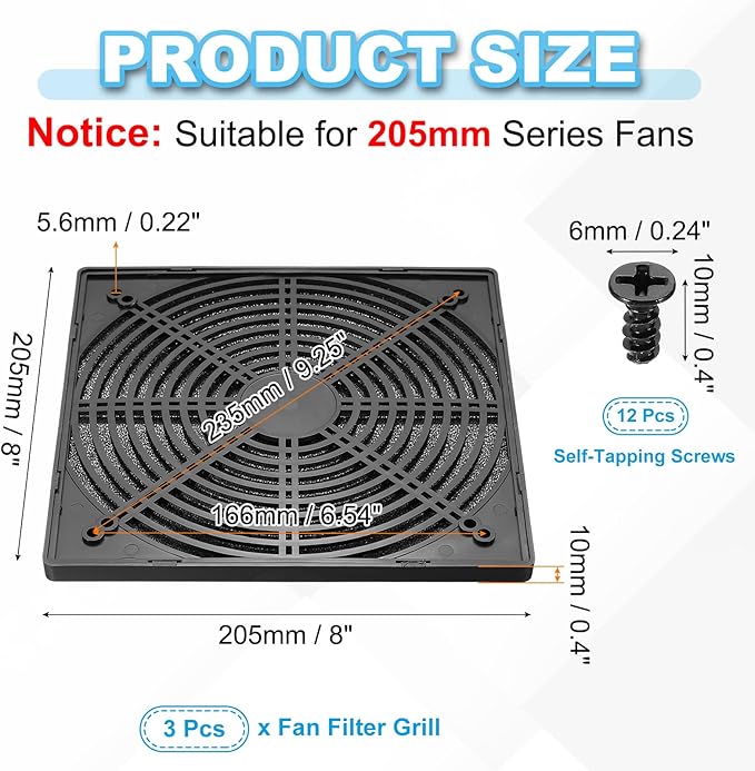 PATIKIL 200mm Fan Filter Grill, 3 Pcs Plastic Ventilation Dustproof Grill Cover Cooling Ventilator with Screws for Industry Workshop Computer Case Refrigerators Air Conditioning, Black