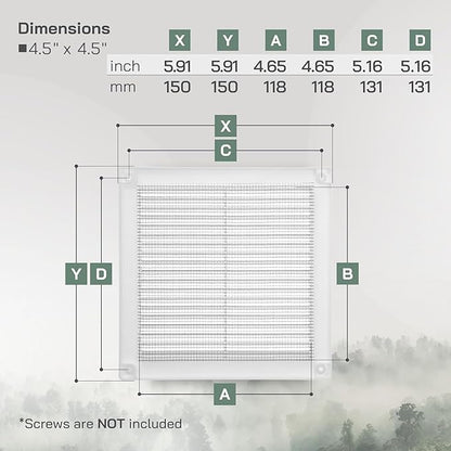 Vent Systems 4.5" x 4.5" Inch (Opening Dimensions) - Pack of 5 - Plastic White Soffit Vent Cover - Flat Square Air Vent Grille - Air Vent Deflector - HVAC 6" x 6" Inch (Overall Dimensions)