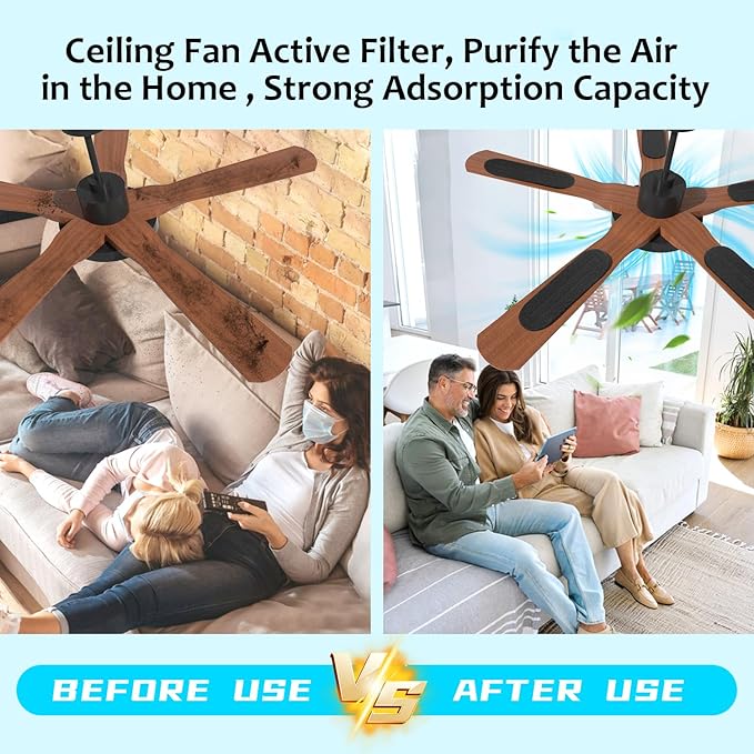2026 Upgrade 5pcs Ceiling Fan Filters for Blades Easy-Stick Strong Fixity Activated Coconut Carbon Fan Filter for Ceiling Fan, Universal Fan Blade Air Fresh Purifier Cat Litter Box Filter, Black