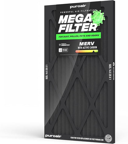 PuroAir MegaFilter - 14x25x1 Air Filter MERV 13 Activated CarbonTech Defense - Heavy Duty 3 Layer Furnace Filters Allergens, Pollen, Dust, Pet Dander, Smoke, Odors - HVAC Air Filter 14x25x1 (1-Pack)