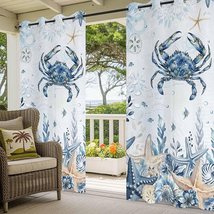 Oceans Outdoor Curtains for Patio Crabs Marine Life Shell Starfish Blue Waterproof Outside Curtains with Grommet Top Weatherproof Curtain for Cabana Pergola Gazebo, 1 Panel, 54" W x 95" L