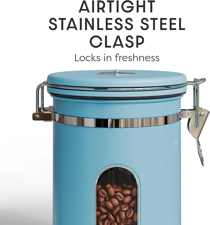 Veken Coffee Canister with Window, Airtight Stainless Steel Kitchen Food Storage Container with Lids, Date Tracker and Scoop for Grounds Coffee, Beans, Tea, Flour, Cereal, Sugar Jars, 22OZ, Blue