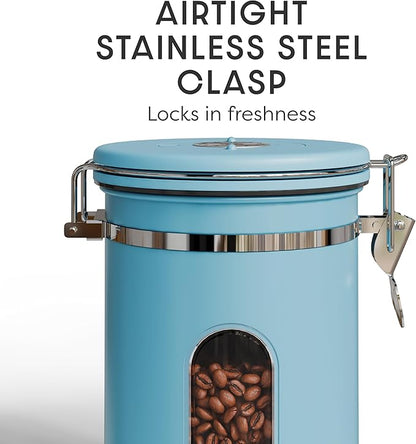 Veken Coffee Canister with Window, Airtight Stainless Steel Kitchen Food Storage Container with Lids, Date Tracker and Scoop for Grounds Coffee, Beans, Tea, Flour, Cereal, Sugar Jars, 22OZ, Blue