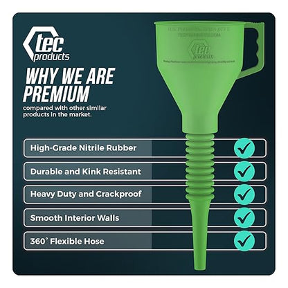 TEC Products FlexAll Long Flexible Funnels - Automotive Oil Funnel with Hose, Durable Nitrile Rubber for Oil Change, Transmission Funnel Fluid, Diesel, Fuel, Gas - Made in USA - Green (16 x 5 Inches)
