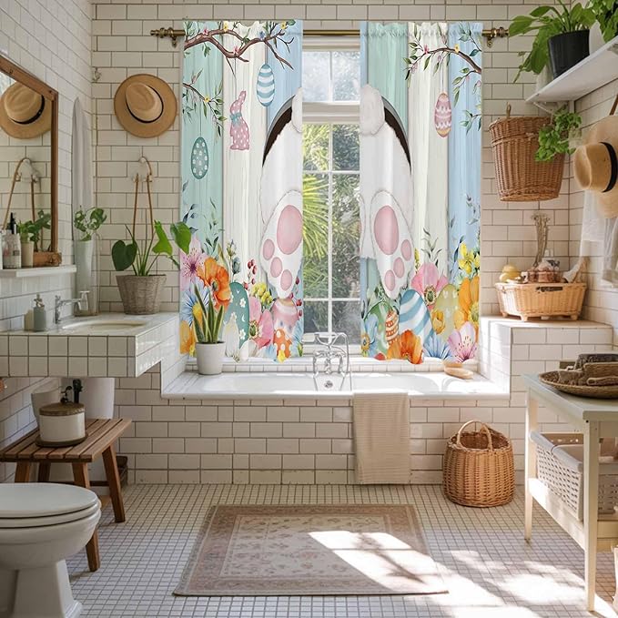 Easter Window Curtains 63 Inch Long 2 Panel Set, Rod Pocket Bedroom Curtains & Drapes, Spring Watercolor Bunny Eggs Wood Grain Teal Blue Light Filtering Window Treatment for Living Room 42"W x 63"L