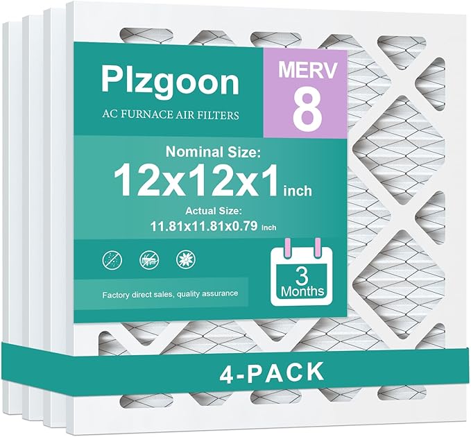 12x12x1 Air Filter MERV 8 MPR 600 (4 Pack) Pleated HVAC Furnace Filters for Home Air Conditioner AC Heating System (Exact Dimensions: 11.81"L x 11.81"W x 0.79"Th)