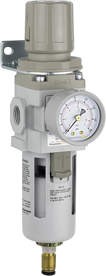 PneumaticPlus SAW300-N03BDG Compressed Air Filter Regulator Piggyback Combo 3/8" NPT - Poly Bowl, Auto Drain, Bracket, Gauge