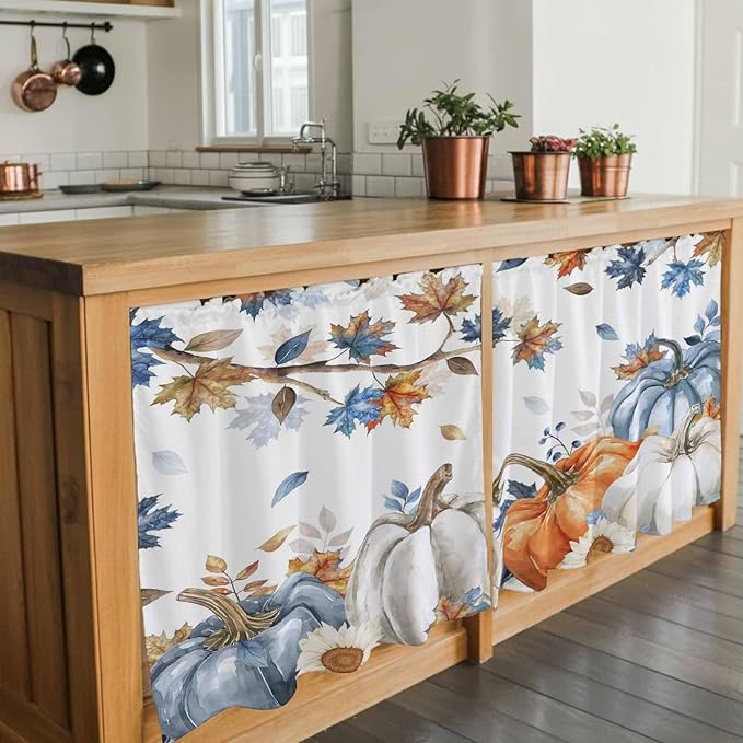 Navy Blue Pumpkin Fall Kitchen Tier Curtains 24 Inch Long 2 Panel Set,Rod Pocket Cafe Small Window Curtains Over Sink,Thanksgiving Maple Leaves Branches Short Drapes for Bathroom Cabinet 27.5"W x 24"L