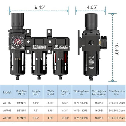 NEWPO 1/2" 3 Stage Air Drying System,Air Dryer for Compressor,Compressed Air Filter Regulator for Spray Guns,Regulator Combo 5＆0.5&0.01 Micron Filter Cartridge,Semi-Auto Drain, Metal Bracket