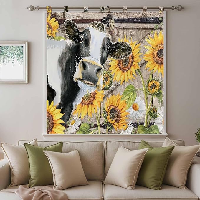 Retro Farmhouse Flower Bathroom Curtains 63 Inch Length, Window Curtains Tab Top, Yellow Sunflowers Cow Barn Doors Brown Light Filtering Window Treatments Drapes 52"x63" 2 Panel