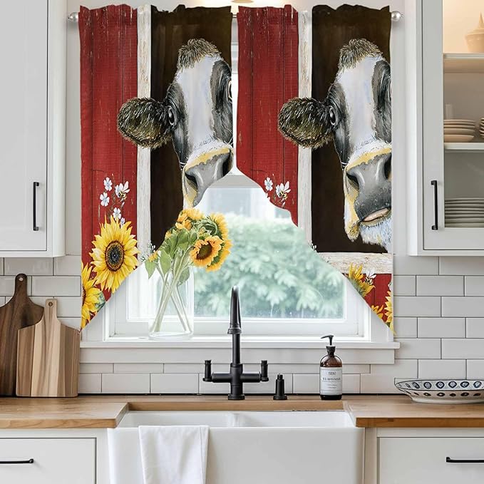 Cows Sunflowers Swag Valances for Windows, Rustic Farms Barns Flowers Bees Animals Rod Pocket Kitchen Curtains Valance, Small Window Curtains Swag for Cafe Bathroom Living Room, 2 Panels, 36x36 inch