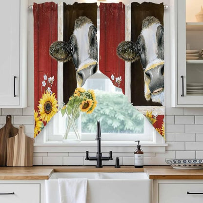 Cows Sunflowers Swag Valances for Windows, Rustic Farms Barns Flowers Bees Animals Rod Pocket Kitchen Curtains Valance, Small Window Curtains Swag for Cafe Bathroom Living Room, 2 Panels, 28x36 inch