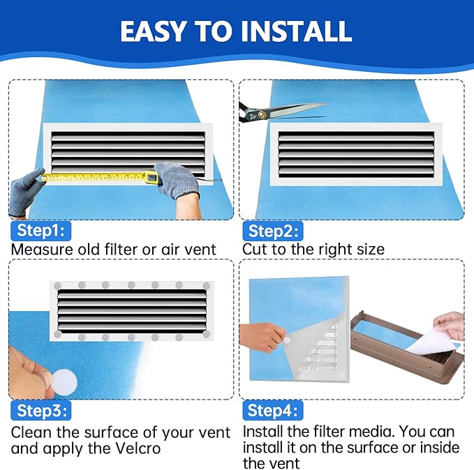 Air Vent Filters 12"x90",2Roll Cut to Fit Air Filter(up to 120 filters),MERV 8 Triple Filtration Electrostatic Vent Filter Material for AC, HVAC Furnace, Mobile Home-Includes 48 Adhesive Hook Tape