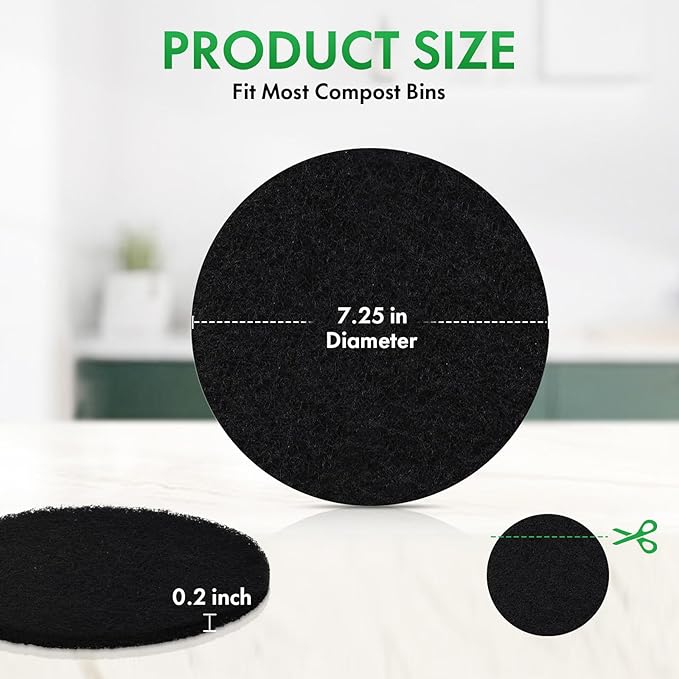ENLOY 7.25 Inch Charcoal Filters for Kitchen Compost Bin, 12 Pack Compost Bin Charcoal Filters for Countertop Bin Pail Replacement, Longer Lasting Round Activated Charcoal Home Bucket Refill Sets
