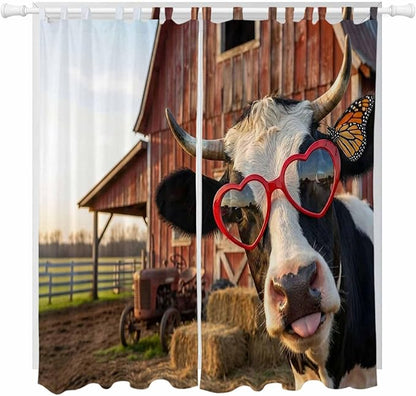 Farm Cows Living Room Curtains 96 Inch Length, Window Curtains Tab Top, Farmhouse Barn Funny Animals Butterfly Light Filtering Window Treatments Drapes 52"x96" 2 Panel