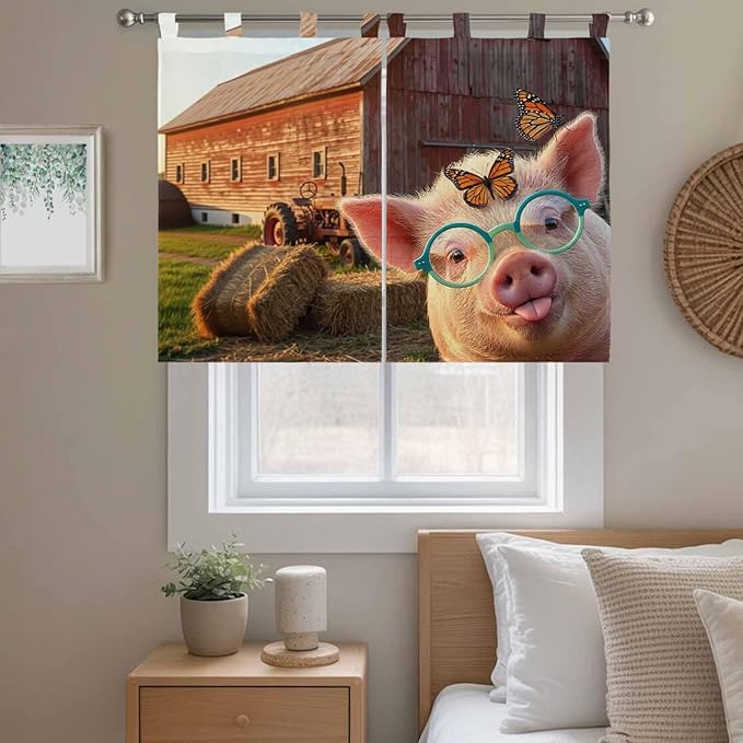 Farm Pig Kitchen Curtains 45 Inch Length, Short Cafe Window Curtains Tab Top, Farmhouse Barn Funny Animals Butterfly Light Filtering Window Treatments Tier Drapes 27.5"x45" 2 Panel