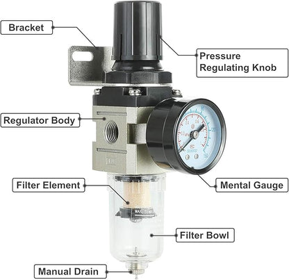 Hromee 1/4 Inch Air Compressor Filter Regulator Combo, Water Oil Separator with Pressure Gauge, Manual Drain, Ball Valve and Bracket AW2000-02