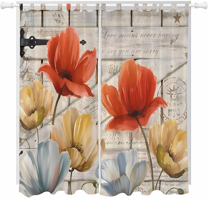Retro Floral Living Room Curtains 96 Inch Length, Window Curtains Tab Top, Red Yellow Tulips Barm Doors Farmhouse Wooden Light Filtering Window Treatments Drapes 52"x96" 2 Panel