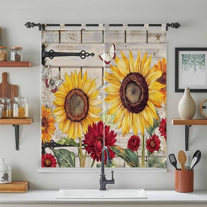 Red Yellow Sunflowers Bathroom Curtains 63 Inch Length, Window Curtains Tab Top, Retro Rustic Barn Doors Butterfly Brown Light Filtering Window Treatments Drapes 52"x63" 2 Panel