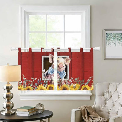 Pig Sunflowers Kitchen Curtains 24 Inch Length, Small Window Curtains Tab Top, Eucalyptus Leaves Floral Bees Red Barn Light Filtering Short Window Treatments Tier Drapes 27.5"x24" 2 Panel