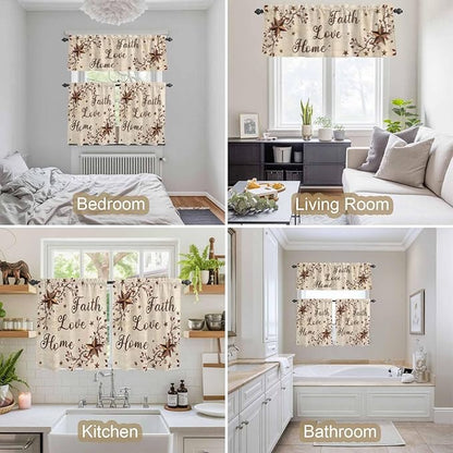 Kitchen Curtains Tiers and Valance Set of 3, Brown Farmhouse Light Filtering Window Curtain Set, Retro Country Stars Rustic Branches Berry Rod Pocket Curtain Drapes for Living Room, 24 Inches Tiers