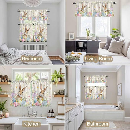 Kitchen Curtains Tiers and Valance Set of 3, Easter Light Filtering Window Curtain Set, Pastoral Spring Bunny Eggs Botanical Flowers Leaf Rod Pocket Curtain Drapes for Living Room, 36 Inches Tiers