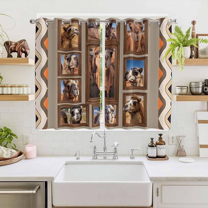 2 Panel Kitchen Cafe Curtains, Desert Camels Sunlight Filtering Nature Air Through, Home Decor Window Covering Tier Curtains for Living Room 104W x 72L inch Western Wildlife Brown Animals Country