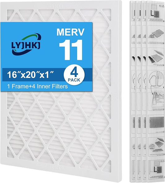 16x20x1 MERV 11 Air Filter, Quality AC/HVAC Furnace Filter，1 Reusable ABS Frame + 4 Pack Replaceable Filter Media，Breathe Fresher and Cost-effective
