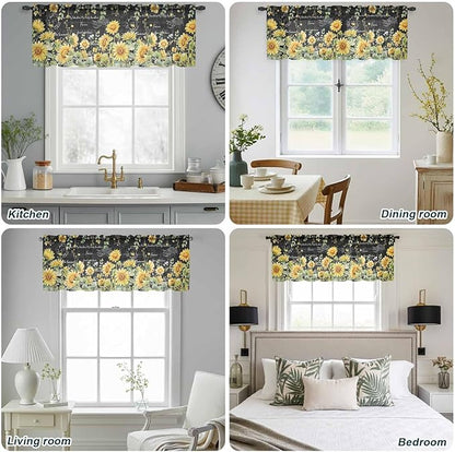 Summer Floral Sheer Valance Curtains, Watercolor Sunflower Eucalyptus Leaves Letter Print Light Filtering Kitchen Valances Rod Pocket Voile Curtain Treatment for Bedroom/Living Room/Basement 54Wx18L