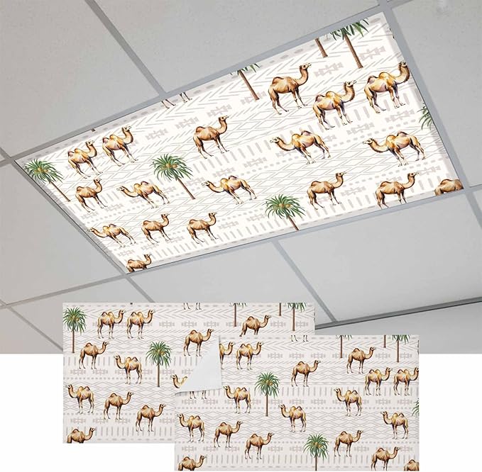 Fluorescent Light Covers for Ceiling Lights Desert Camel Magnetic Light Filters 2 Pack 4x2 ft Bohemian Southwest Date Trees Ceiling Lights Cover for Classroom Office School Home Drop Lamp Decor
