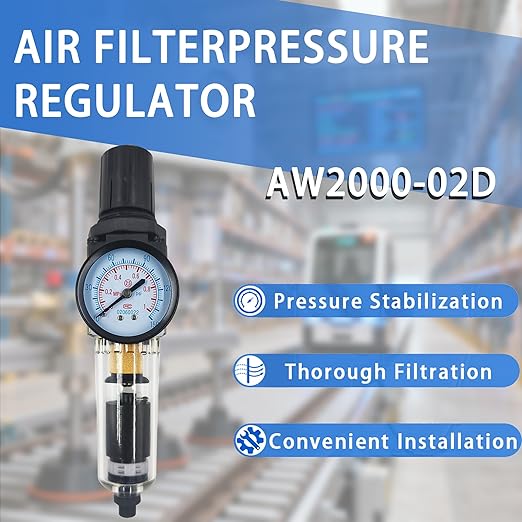 HengMinLingTong 1/4" NPT Compressed Air Filter Regulator Combo Piggyback, 5 Micron Brass Element, Poly Bowl Auto Drain, Metal Bracket, 0-150 psi AW2000-02D