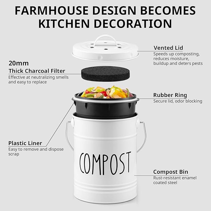 Kitchen Compost Bin, 1 Gallon Countertop Compost Bin with Lid, Indoor Compost Bucket, Includes Inner Bucket Liner and Carbon Filters, White