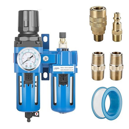 NANPU 1/2" NPT Compressed Air Filter Regulator Lubricator Combo, Water/Oil Trap Separator - Gauge(0-150 psi), Poly Bowl, Manual Drain, Bracket - AC4010-04M