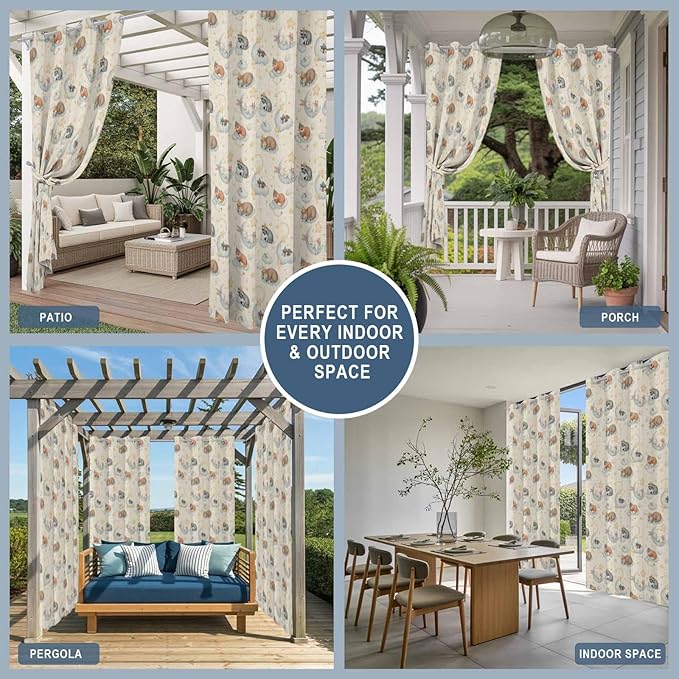 Cartoon Animals Outdoor Curtains for Patio Raccoons Rabbits Moon Linen Texture Waterproof Outside Curtains with Grommet Top Weatherproof Curtain for Cabana Pergola Gazebo, 2 Pack, 54" W x 108" L