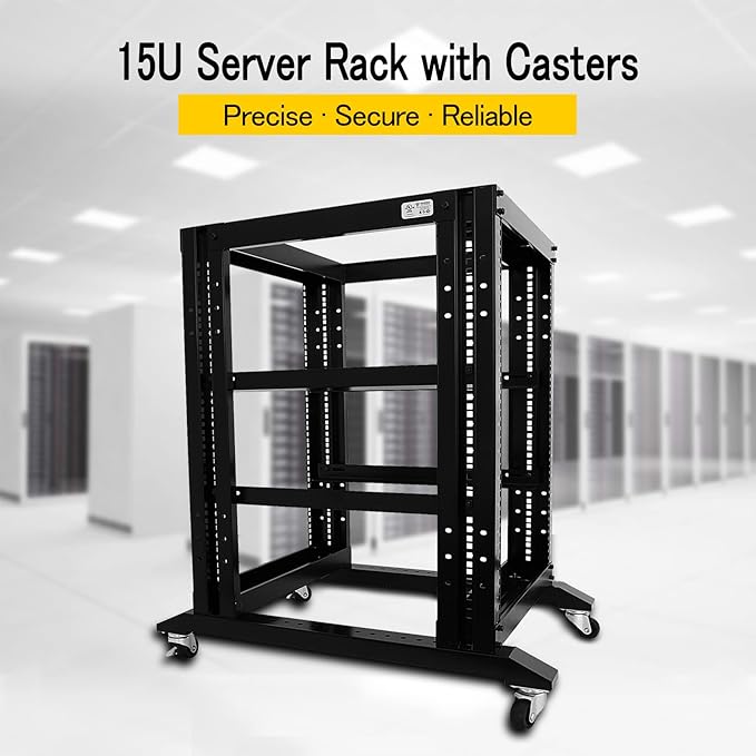 Raising Electronics Server Rack Open Frame Rack 4 Post 19 inch Adjustable Server/Audio Rack Cold Rolled Steel (15U-24 Depth, Black-15U)