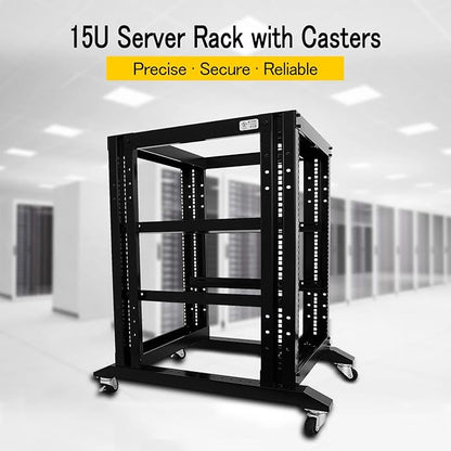 Raising Electronics Server Rack Open Frame Rack 4 Post 19 inch Adjustable Server/Audio Rack Cold Rolled Steel (15U-24 Depth, Black-15U)