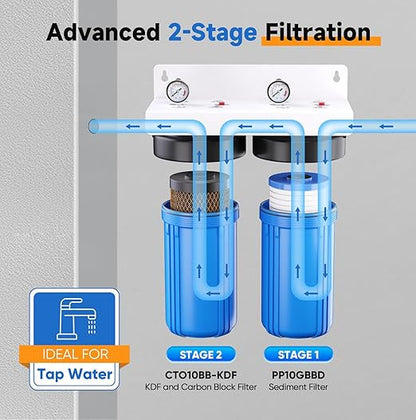 PUREPLUS 2-Stage Whole House Water Filtration System, Reduces Chlorine, Odor, Heavy Metals & Rust, 10"x4.5" Housing, 1" Inlet/Outlet, PP Grooved Sediment & KDF Carbon Filters, Pressure Gauges Included