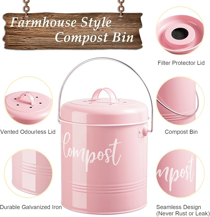 Compost Bin Kitchen, 1.3 Gallon Farmhouse Kitchen Compost Bin Countertop, Indoor Countertop Compost Bucket with Lid and Charcoal Filters, Pink