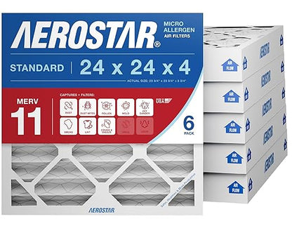 Aerostar 24x24x4 MERV 11 - 6 Count - Pleated HVAC, Furnace & Air Conditioner Filters - Removes Dust, Cold & Flu Germs, Lint, Mold, Pet Dander, Allergy-Causing Pollen, Smog & Smoke