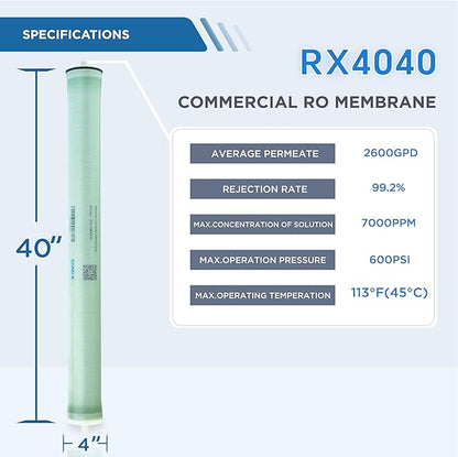 XLP4040 Industrial RO Membrane, 4 x 40 inch 2600GPD Extra Low Pressure 100PSI Reverse Osmosis Filter Replacements for brackish water Desalination, Wastewater Recycling