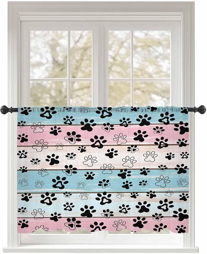 Sheer Curtains 54 Inch Length, Blue Pink Dog Paws Prints Semi Sheer Curtains Light Filtering Window Treatment, Farmhouse Beige Wood Privacy Voile Drapes for Living Room Bedroom 52x54 Inch