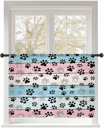 Sheer Curtains 54 Inch Length, Blue Pink Dog Paws Prints Semi Sheer Curtains Light Filtering Window Treatment, Farmhouse Beige Wood Privacy Voile Drapes for Living Room Bedroom 52x54 Inch