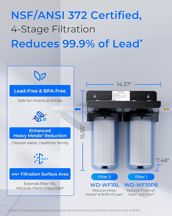 Waterdrop 2 Stage Whole House Water Filter System, with Carbon and Sediment Filter, Highly Reduce Lead, PFAS and Heavy Metals, Taste, 5-Stage Filtration, WD-WHF21-PBL, 1" Inlet/Outlet