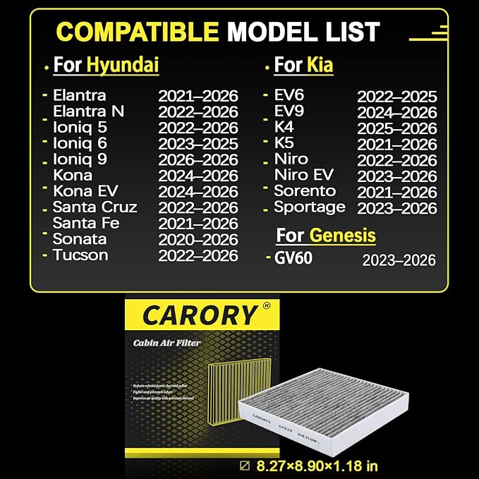Cabin Air Filter w/Activated Carbon for Hyundai, Kia, Genesis - Tucson, Elantra, Santa Fe, Santa Cruz, Sportage, Sorento, Sonata, Ioniq 5, Ioniq 6, K5, Elantra N, Niro, EV6, EV9, GV60