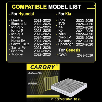 Cabin Air Filter w/Activated Carbon for Hyundai, Kia, Genesis - Tucson, Elantra, Santa Fe, Santa Cruz, Sportage, Sorento, Sonata, Ioniq 5, Ioniq 6, K5, Elantra N, Niro, EV6, EV9, GV60